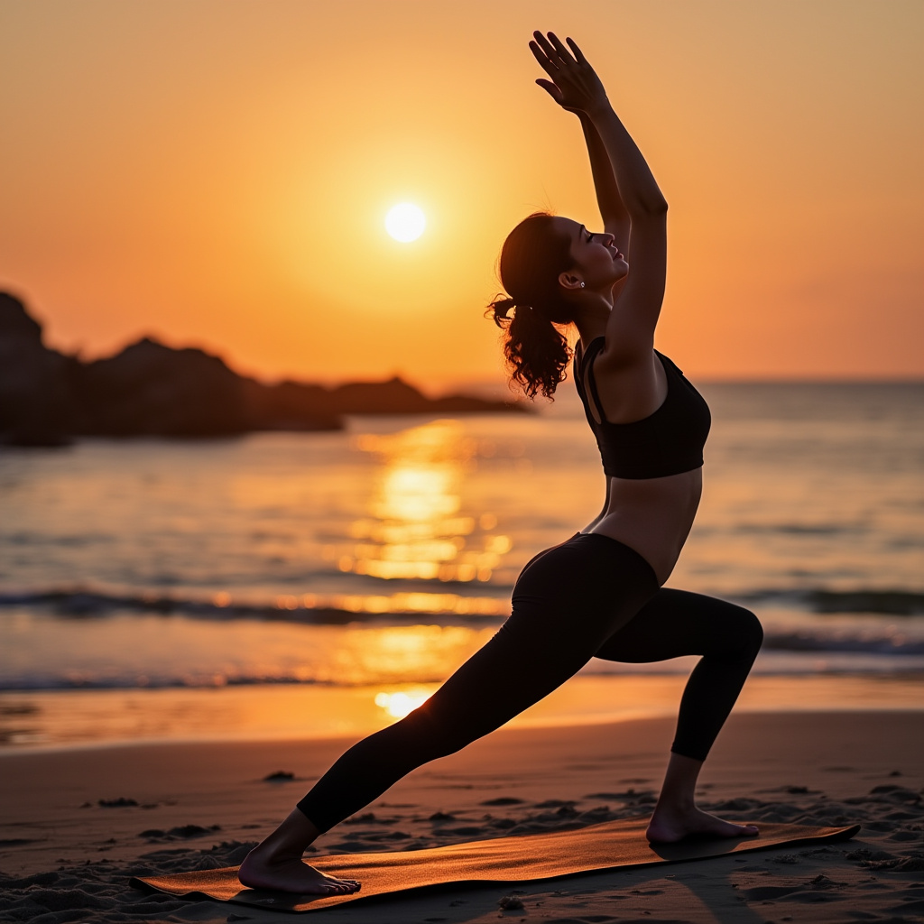 Yoga pose at sunset on beach
