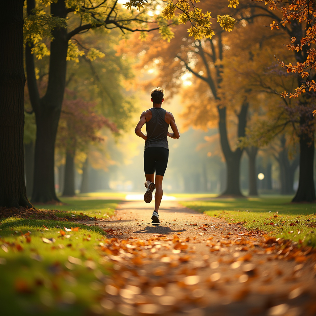 A jogger running through beautiful park
