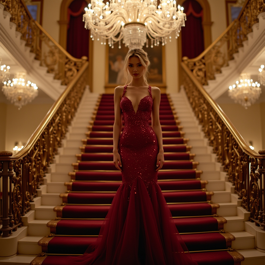 Evening wear, standing on a grand staircase